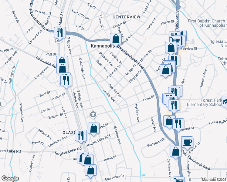 map of restaurants, bars, coffee shops, grocery stores, and more near 1008 Desoto Avenue in Kannapolis