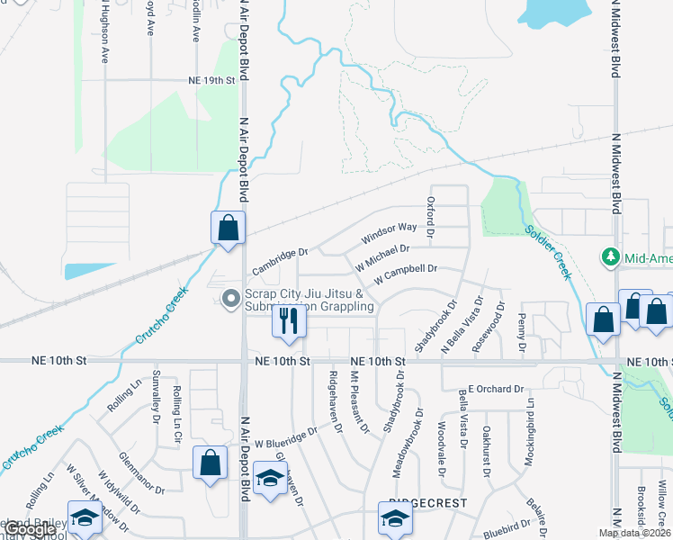 map of restaurants, bars, coffee shops, grocery stores, and more near 317 West Michael Drive in Midwest City