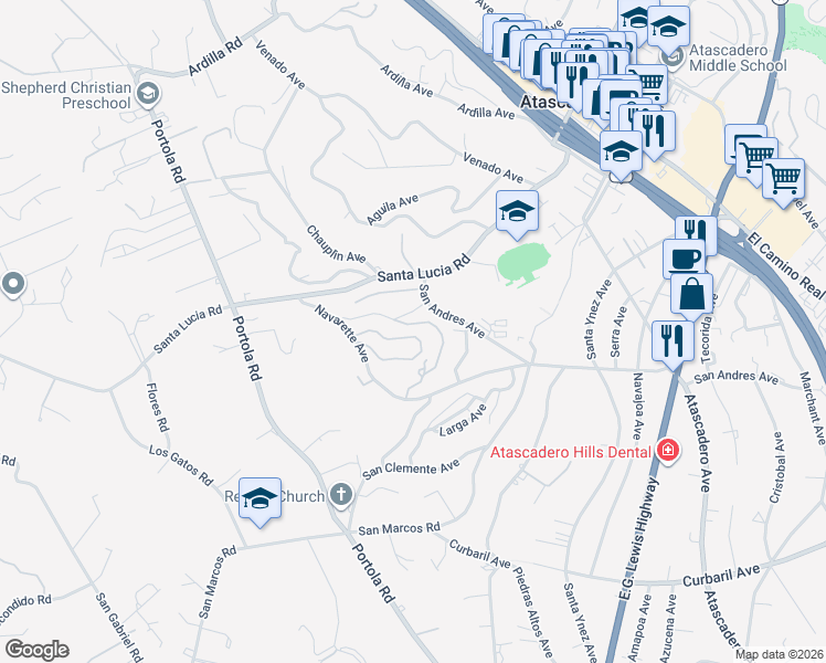 map of restaurants, bars, coffee shops, grocery stores, and more near 8412 Alta Vista Avenue in Atascadero