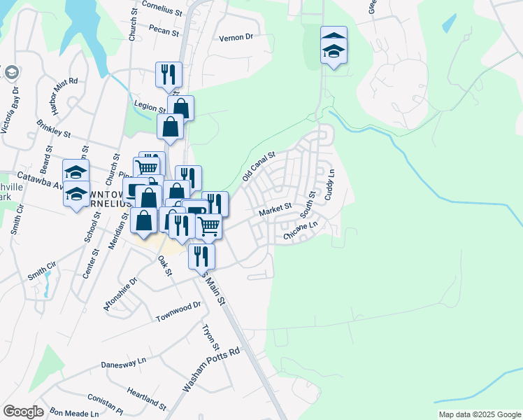 map of restaurants, bars, coffee shops, grocery stores, and more near 22314 Market Street in Cornelius