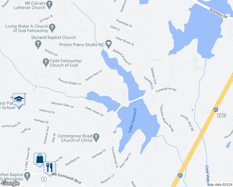 map of restaurants, bars, coffee shops, grocery stores, and more near 1941 Summit Ridge Lane in Kannapolis