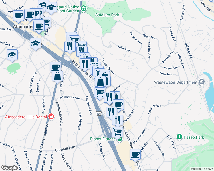 map of restaurants, bars, coffee shops, grocery stores, and more near 7408 Santa Ysabel Avenue in Atascadero
