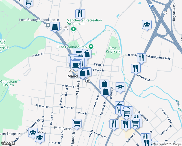 map of restaurants, bars, coffee shops, grocery stores, and more near 101 South Woodland Street in Manchester