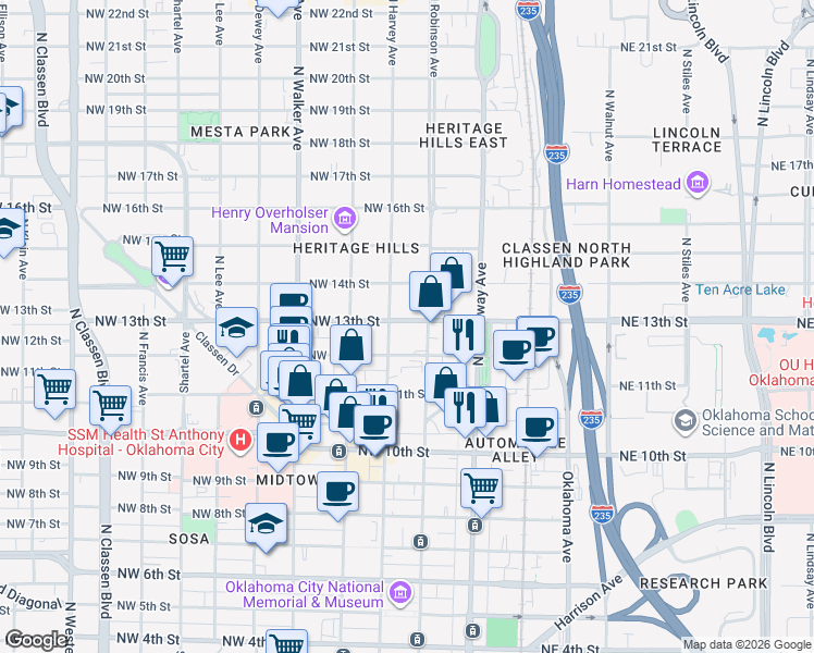 map of restaurants, bars, coffee shops, grocery stores, and more near 1407 North Robinson Avenue in Oklahoma City