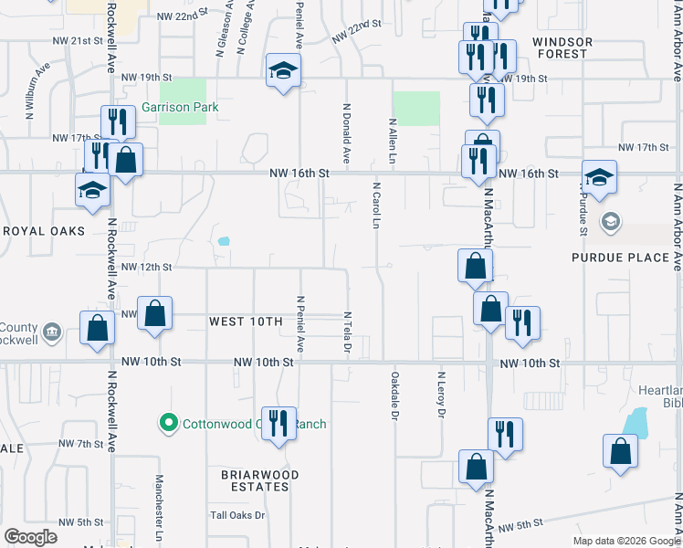 map of restaurants, bars, coffee shops, grocery stores, and more near 6513 Northwest 12th Street in Oklahoma City