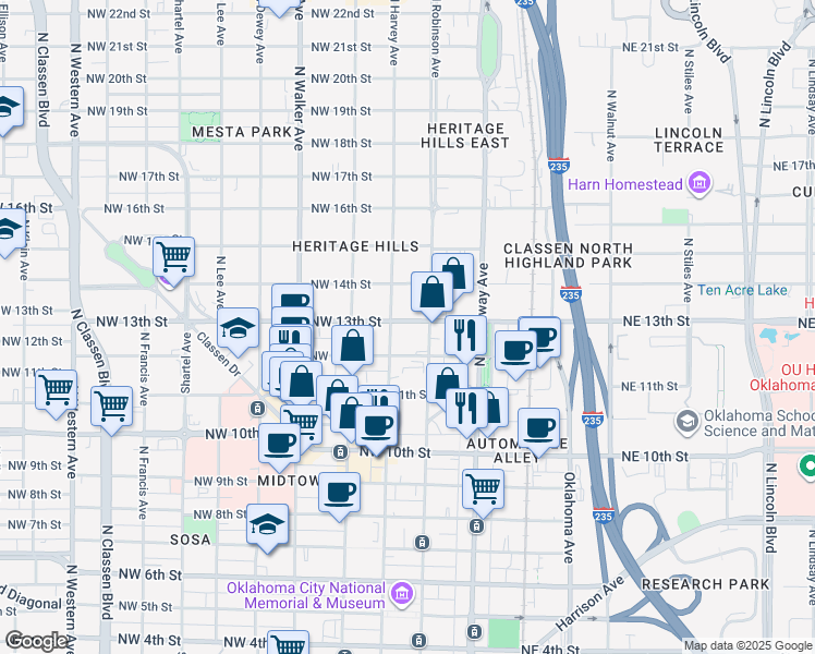 map of restaurants, bars, coffee shops, grocery stores, and more near 1407 North Robinson Avenue in Oklahoma City