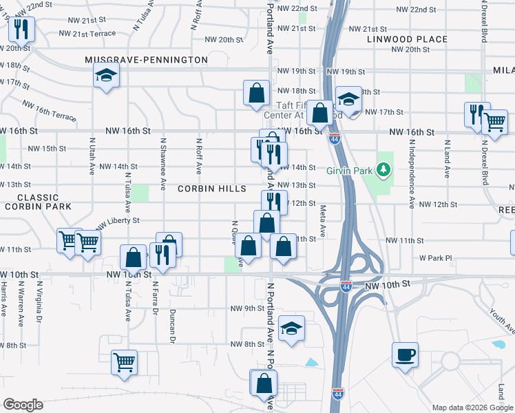 map of restaurants, bars, coffee shops, grocery stores, and more near 3714 Northwest 12th Street in Oklahoma City