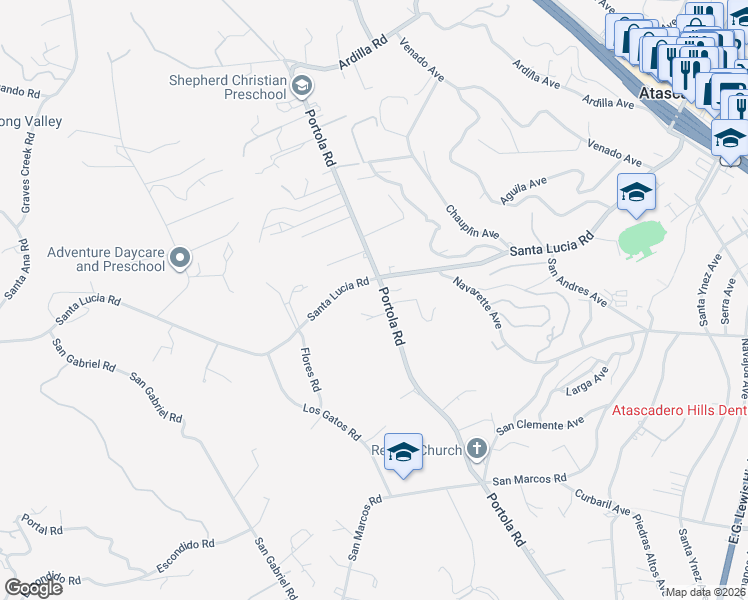 map of restaurants, bars, coffee shops, grocery stores, and more near 9005 Santa Lucia Road in Atascadero