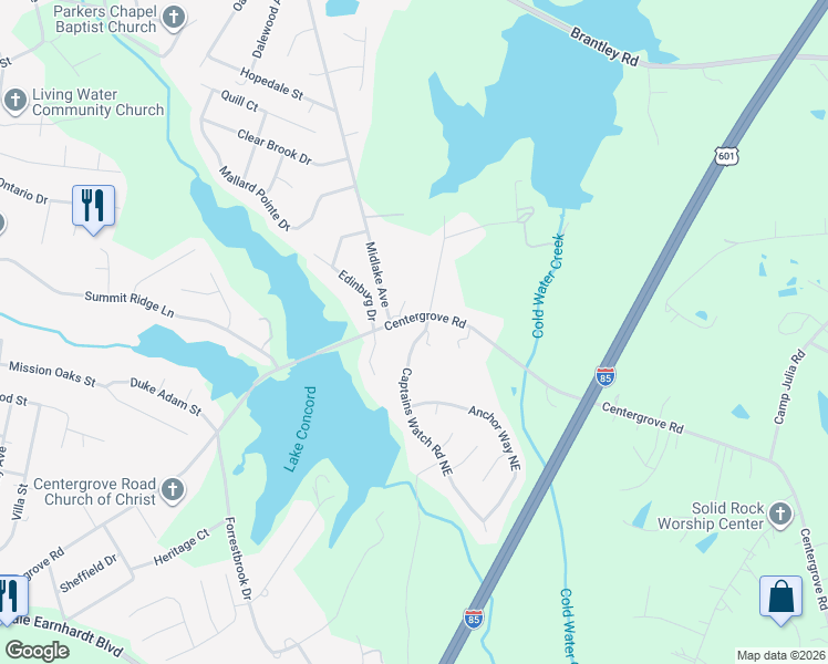 map of restaurants, bars, coffee shops, grocery stores, and more near 2512 Captains Watch Road Northeast in Kannapolis