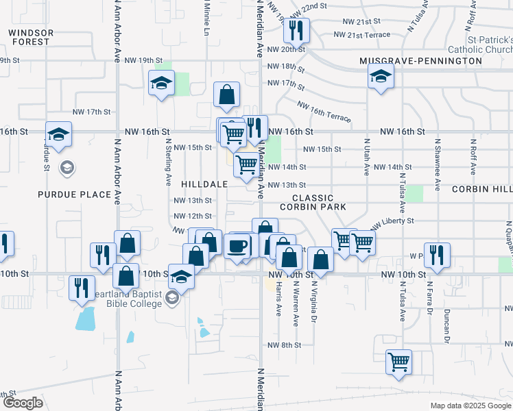 map of restaurants, bars, coffee shops, grocery stores, and more near 1307 North Meridian Avenue in Oklahoma City