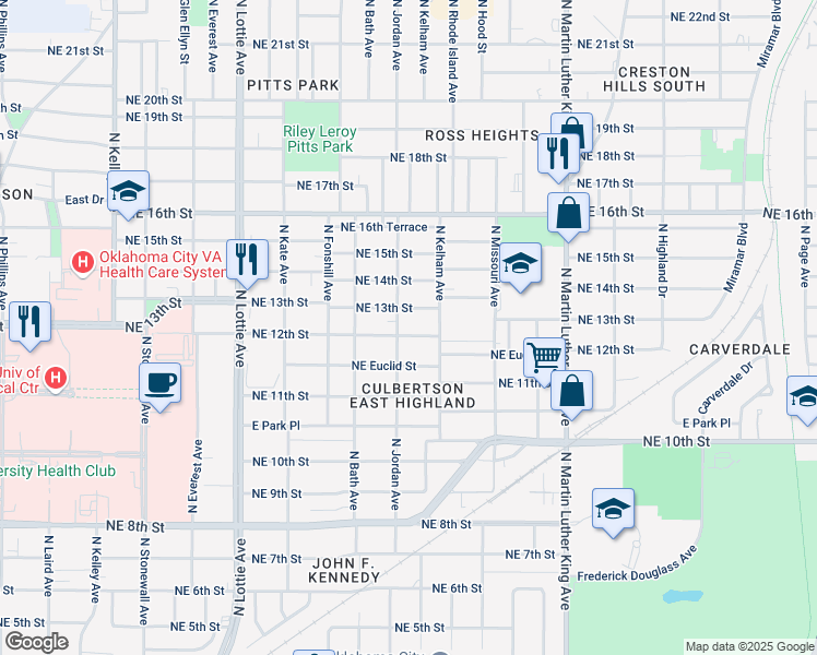 map of restaurants, bars, coffee shops, grocery stores, and more near 1530 Northeast 13th Street in Oklahoma City