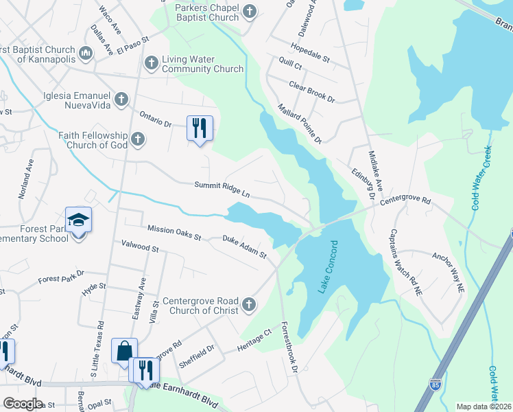 map of restaurants, bars, coffee shops, grocery stores, and more near 1828 Summit Ridge Lane in Kannapolis