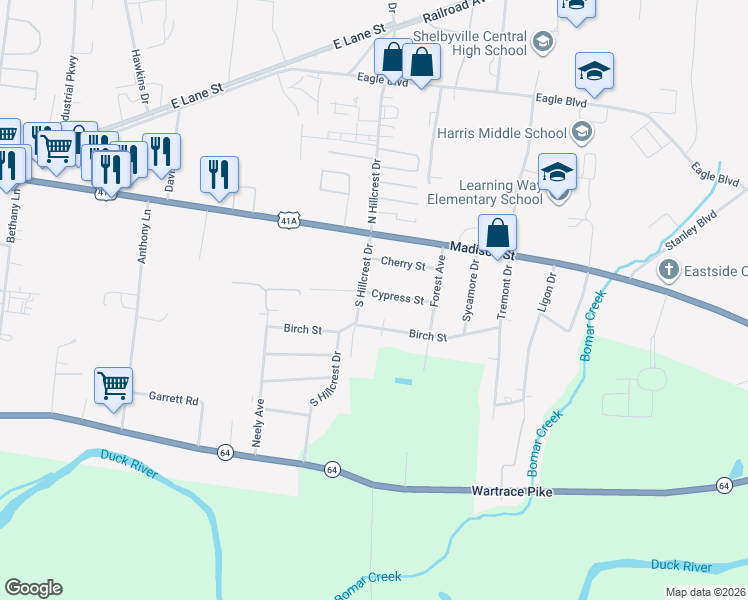 map of restaurants, bars, coffee shops, grocery stores, and more near 1402 Cypress Street in Shelbyville