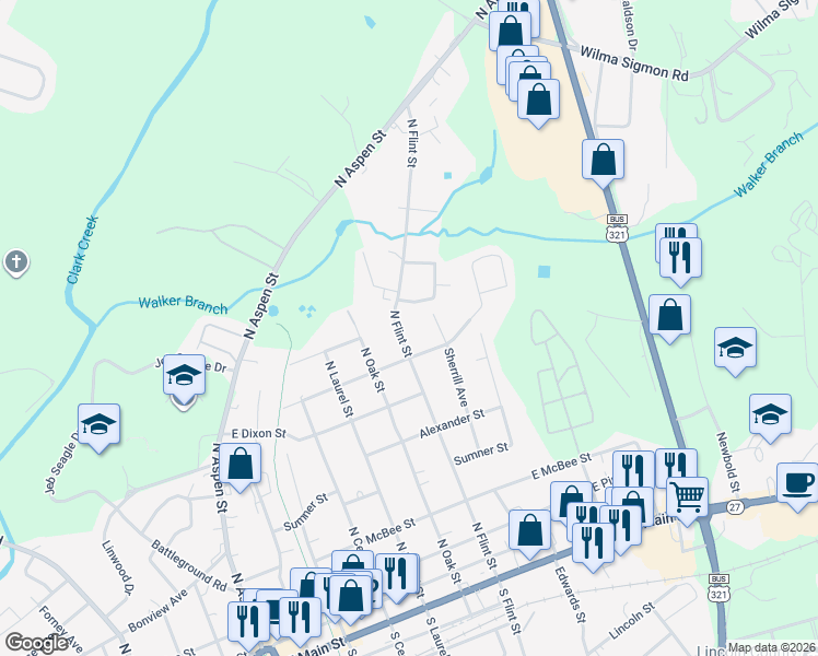 map of restaurants, bars, coffee shops, grocery stores, and more near 830 North Flint Street in Lincolnton