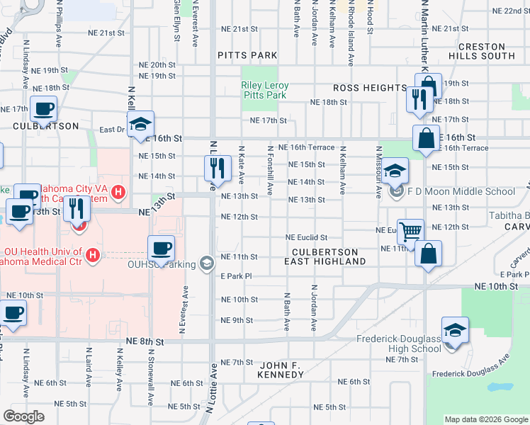map of restaurants, bars, coffee shops, grocery stores, and more near 1429 Northeast 12th Street in Oklahoma City
