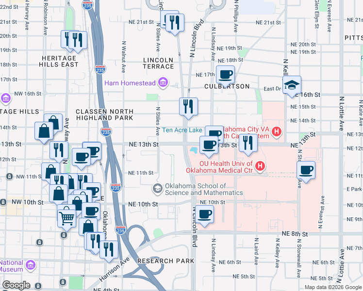 map of restaurants, bars, coffee shops, grocery stores, and more near 601 Northeast 13th Street in Oklahoma City