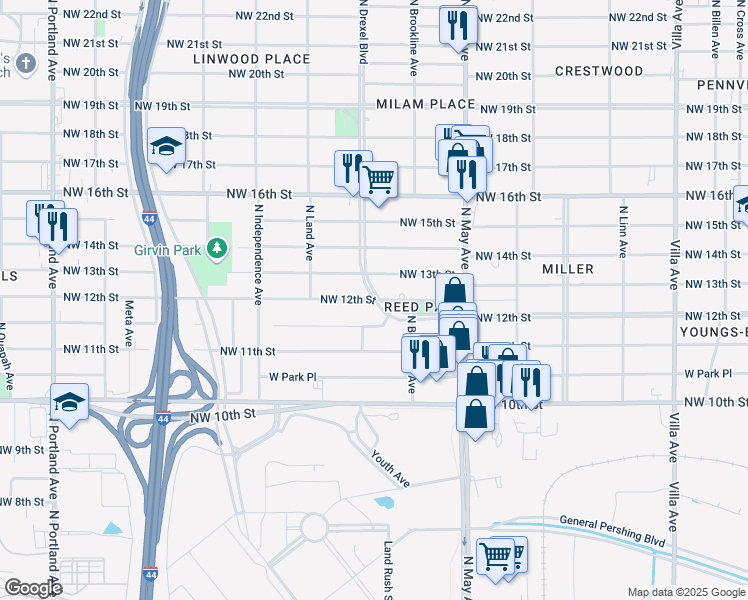 map of restaurants, bars, coffee shops, grocery stores, and more near 1301 North Drexel Boulevard in Oklahoma City
