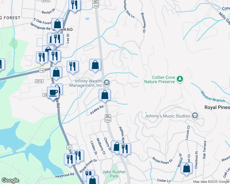 map of restaurants, bars, coffee shops, grocery stores, and more near 11 Bramblewood Road in Arden