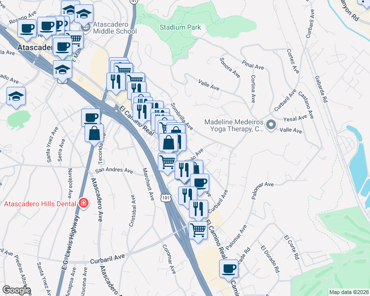 map of restaurants, bars, coffee shops, grocery stores, and more near 7464 Santa Ysabel Avenue in Atascadero