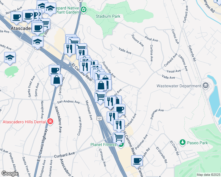 map of restaurants, bars, coffee shops, grocery stores, and more near 7408 Santa Ysabel Avenue in Atascadero