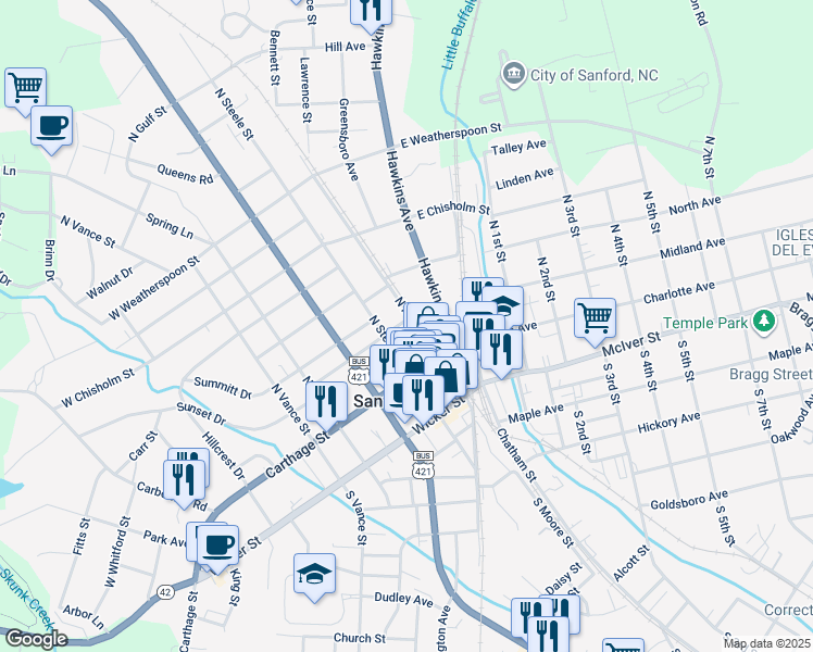 map of restaurants, bars, coffee shops, grocery stores, and more near 133 N Moore St in Sanford