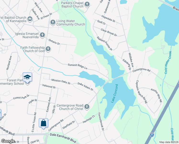 map of restaurants, bars, coffee shops, grocery stores, and more near 1828 Summit Ridge Lane in Kannapolis