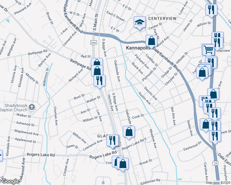 map of restaurants, bars, coffee shops, grocery stores, and more near 1001 South Ridge Avenue in Kannapolis