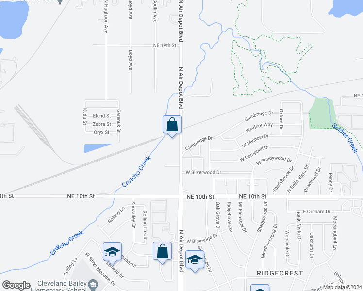 map of restaurants, bars, coffee shops, grocery stores, and more near 1313 North Air Depot Boulevard in Midwest City