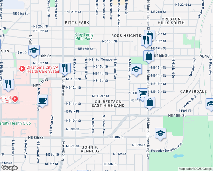 map of restaurants, bars, coffee shops, grocery stores, and more near 1530 Northeast 13th Street in Oklahoma City