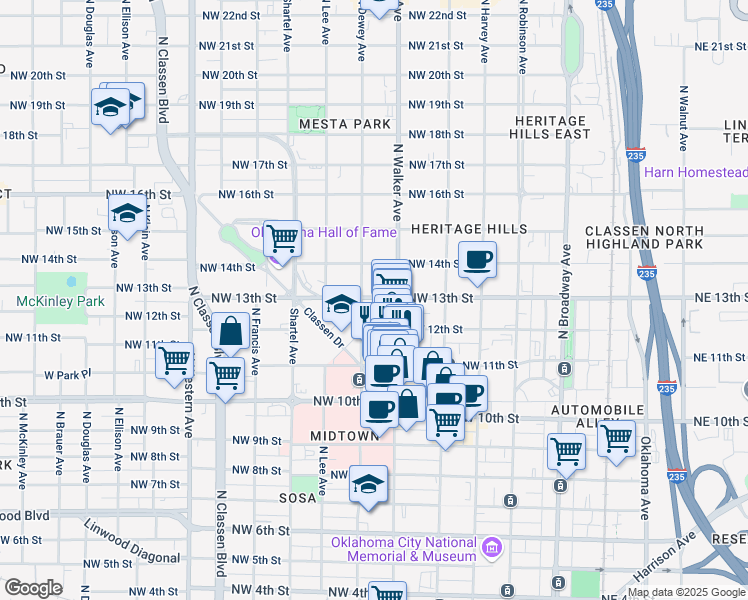 map of restaurants, bars, coffee shops, grocery stores, and more near 525 Northwest 13th Street in Oklahoma City