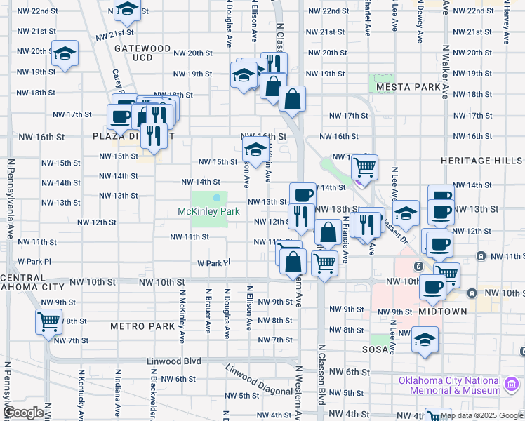 map of restaurants, bars, coffee shops, grocery stores, and more near 1222 Northwest 13th Street in Oklahoma City