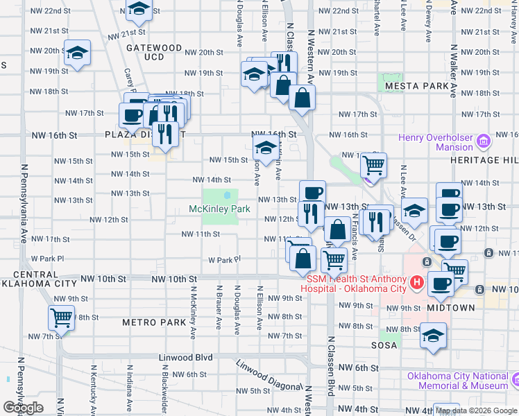 map of restaurants, bars, coffee shops, grocery stores, and more near 1222 Northwest 13th Street in Oklahoma City