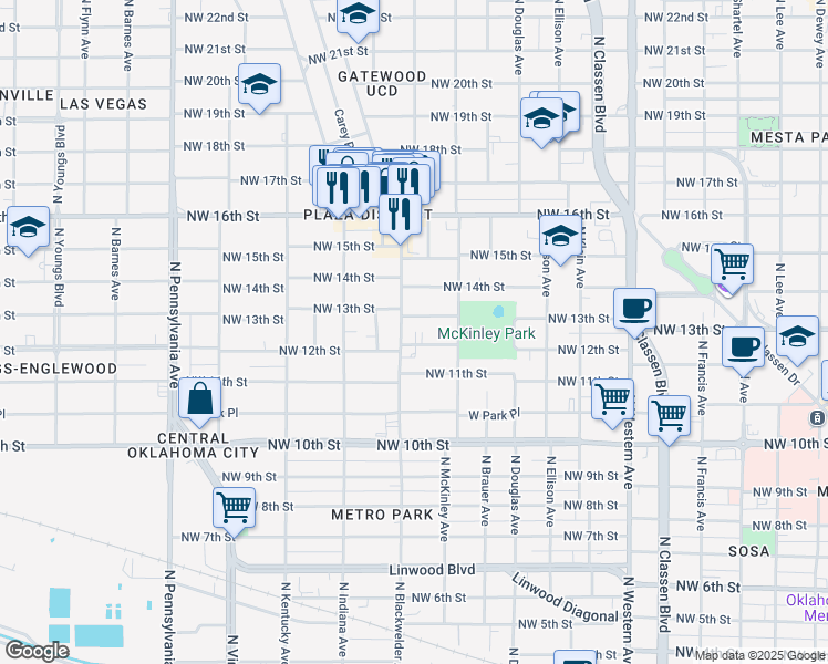 map of restaurants, bars, coffee shops, grocery stores, and more near 1317 North Blackwelder Avenue in Oklahoma City
