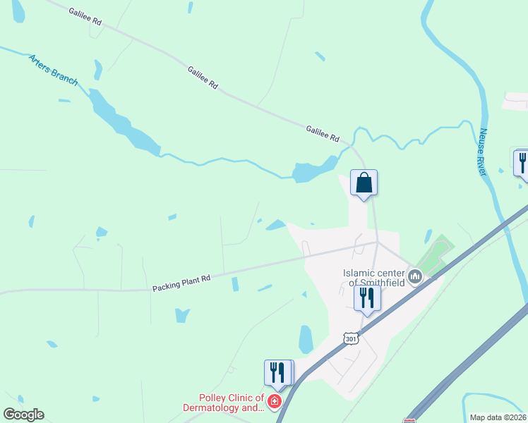map of restaurants, bars, coffee shops, grocery stores, and more near 484 Packing Plant Road in Smithfield
