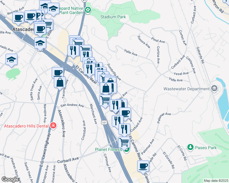 map of restaurants, bars, coffee shops, grocery stores, and more near 7408 Santa Ysabel Avenue in Atascadero