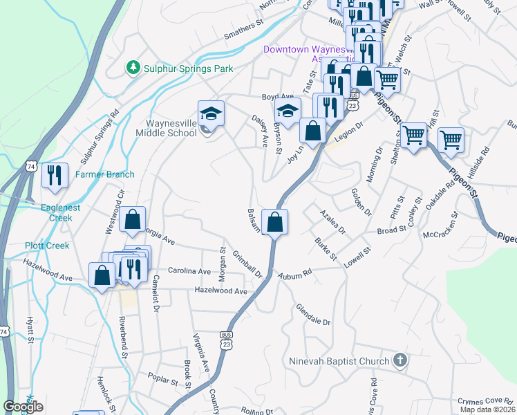 map of restaurants, bars, coffee shops, grocery stores, and more near 78 Wills Way in Waynesville