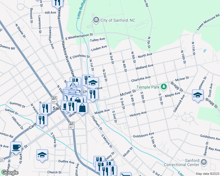 map of restaurants, bars, coffee shops, grocery stores, and more near 222 Charlotte Avenue in Sanford