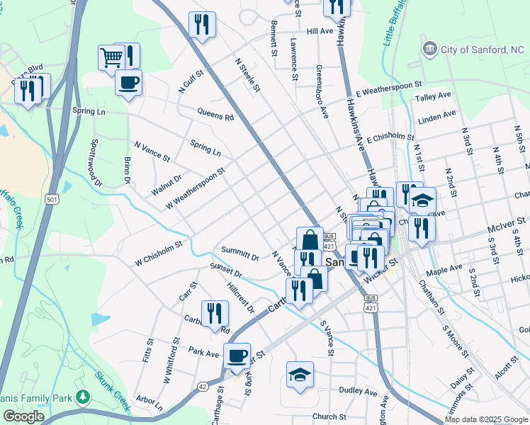 map of restaurants, bars, coffee shops, grocery stores, and more near 311 North Gulf Street in Sanford