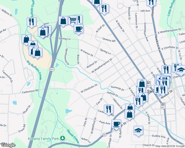 map of restaurants, bars, coffee shops, grocery stores, and more near 543 West Weatherspoon Street in Sanford