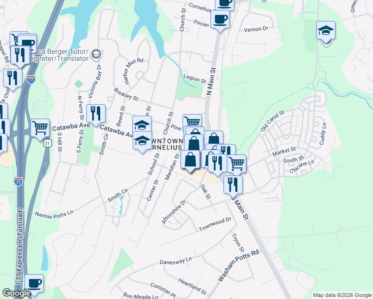 map of restaurants, bars, coffee shops, grocery stores, and more near in Cornelius