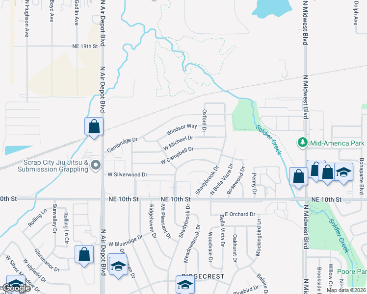 map of restaurants, bars, coffee shops, grocery stores, and more near 222 West Michael Drive in Midwest City
