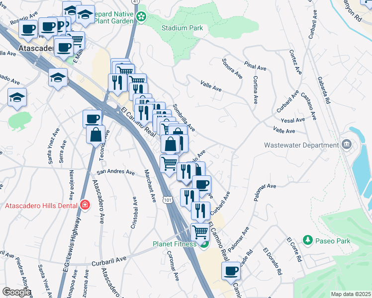map of restaurants, bars, coffee shops, grocery stores, and more near 7408 Santa Ysabel Avenue in Atascadero
