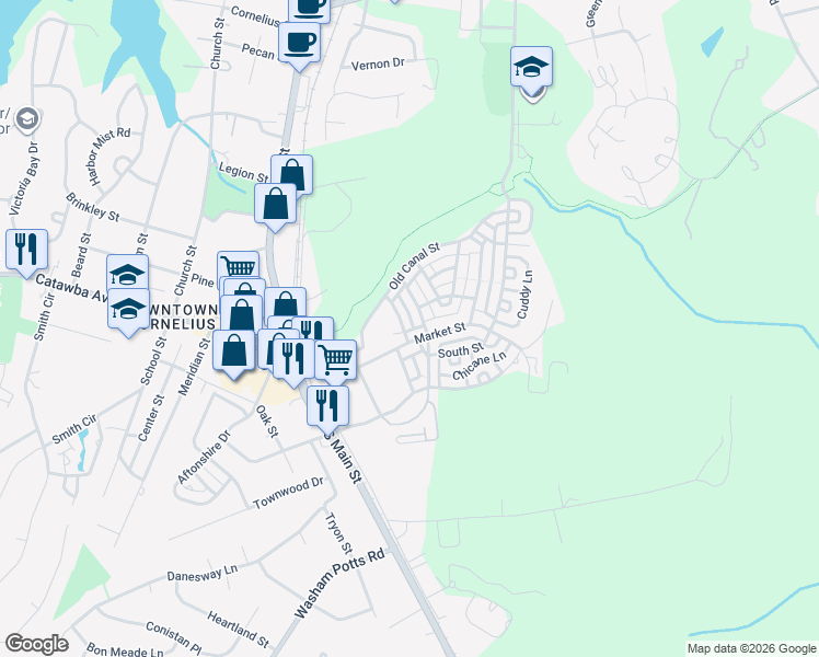 map of restaurants, bars, coffee shops, grocery stores, and more near in Cornelius