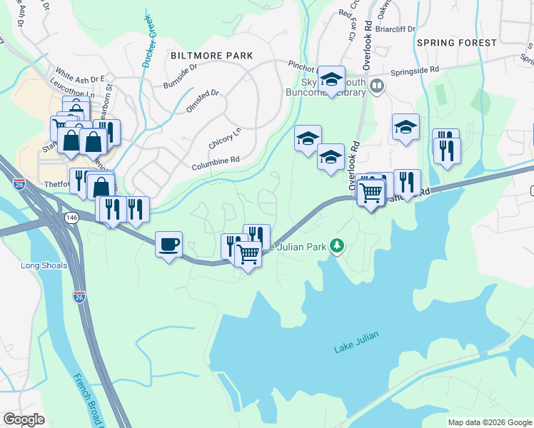 map of restaurants, bars, coffee shops, grocery stores, and more near Cranbrook Drive in Arden