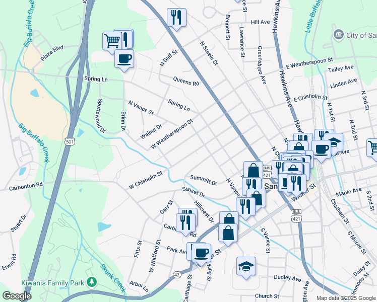map of restaurants, bars, coffee shops, grocery stores, and more near 514 West Chisholm Street in Sanford