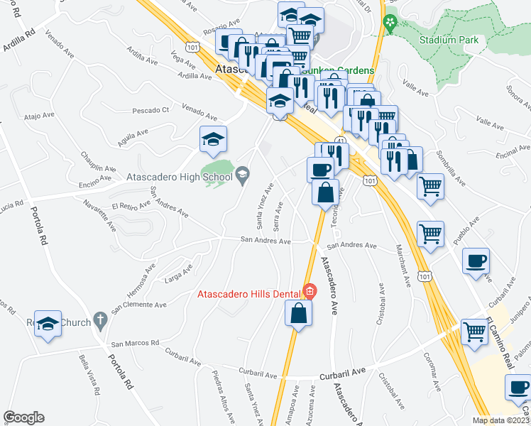 map of restaurants, bars, coffee shops, grocery stores, and more near 6825 Santa Ynez Avenue in Atascadero
