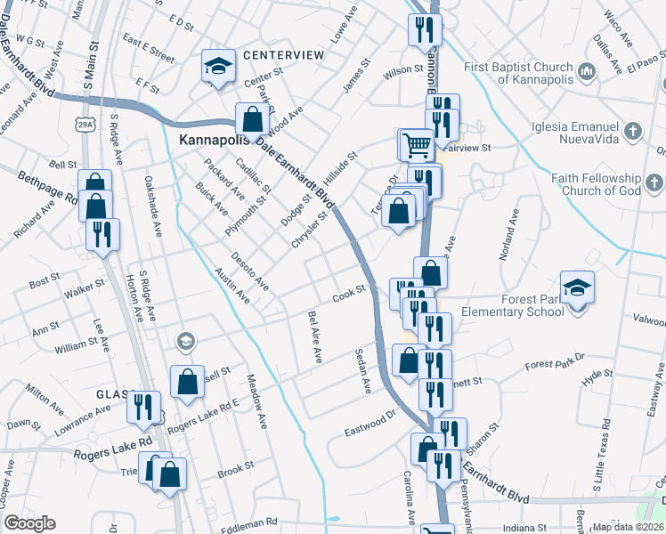 map of restaurants, bars, coffee shops, grocery stores, and more near 601 Peach Street in Kannapolis