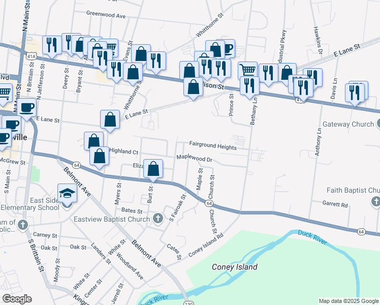 map of restaurants, bars, coffee shops, grocery stores, and more near 303 Maplewood Drive in Shelbyville