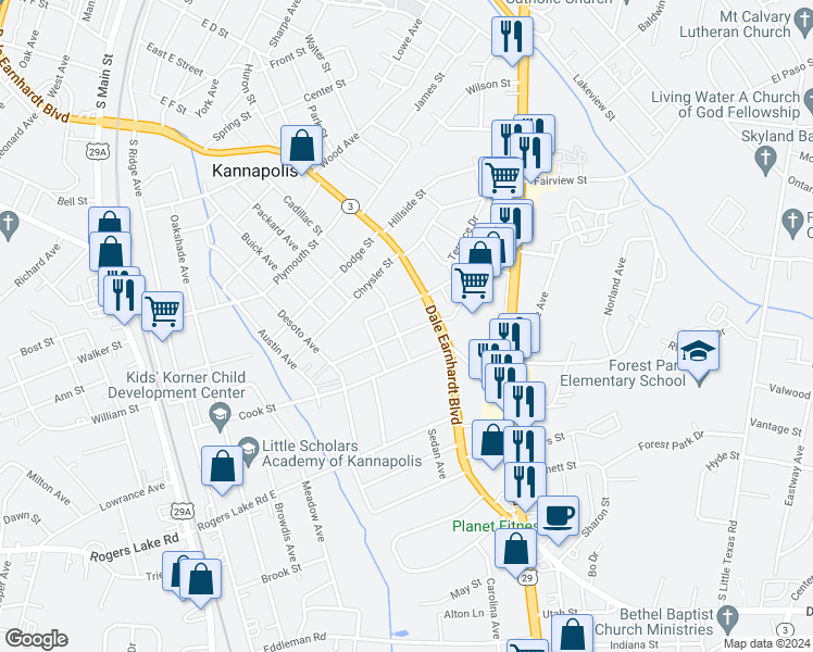 map of restaurants, bars, coffee shops, grocery stores, and more near 603 Peach Street in Kannapolis