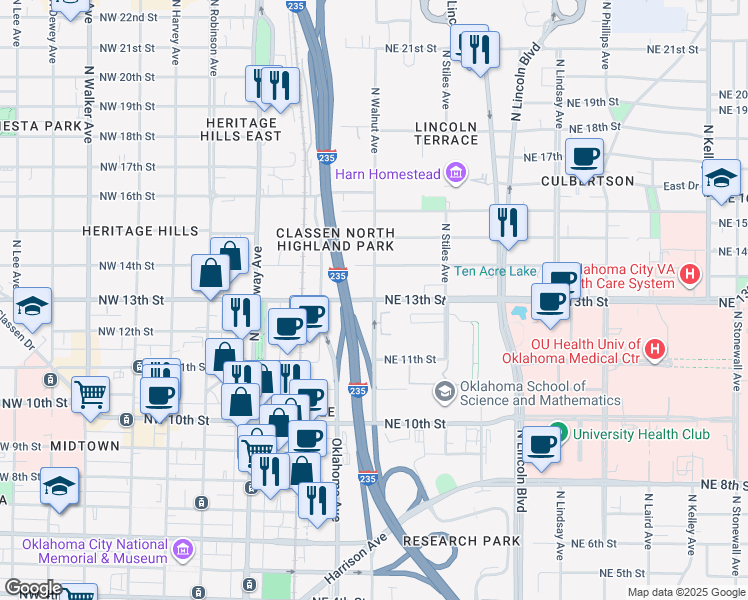 map of restaurants, bars, coffee shops, grocery stores, and more near 1401 North Walnut Avenue in Oklahoma City